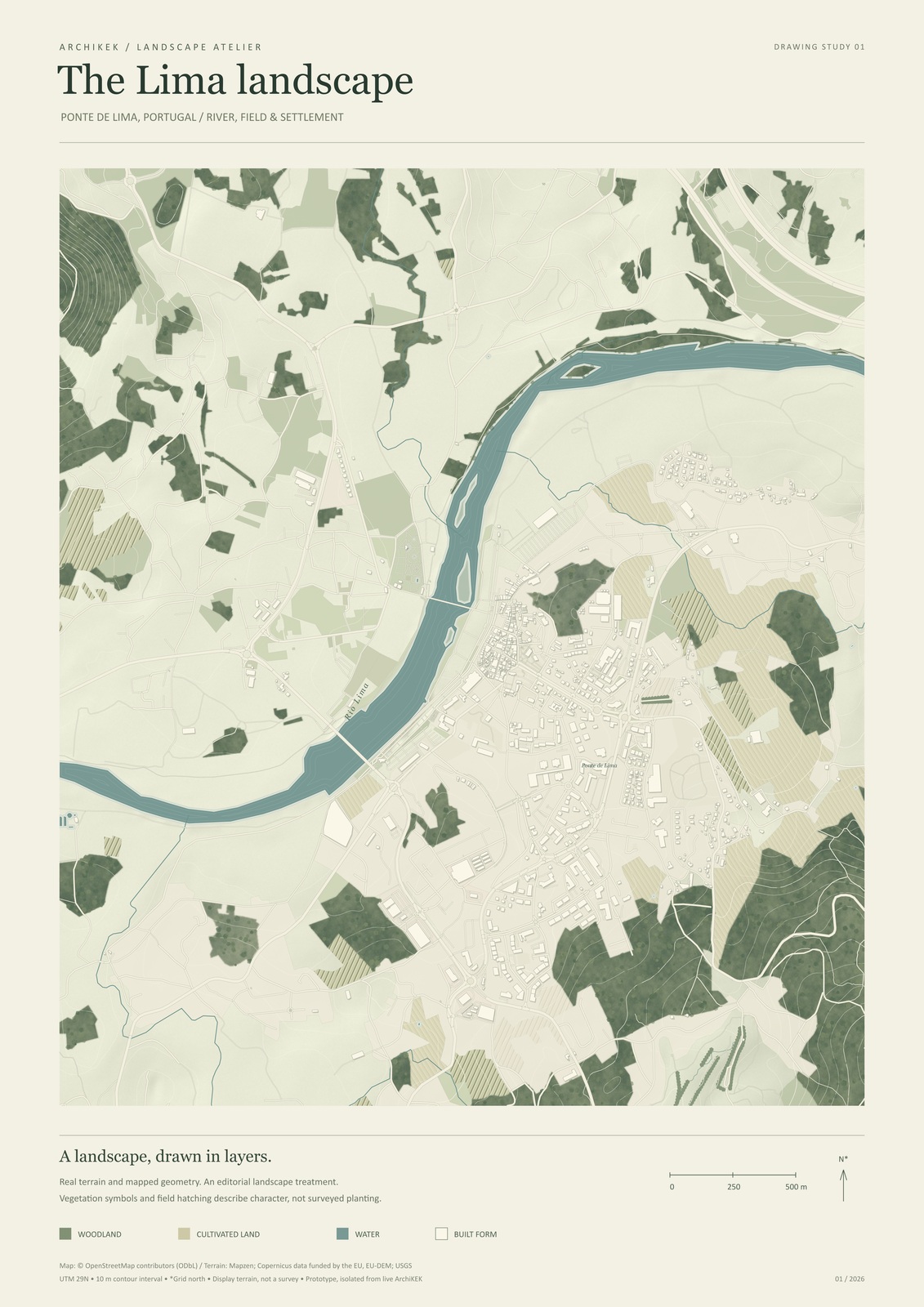 Ponte de Lima landscape drawing with river, terrain contours and mapped buildings
